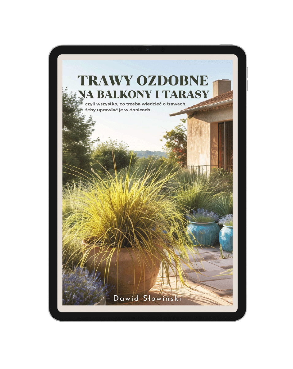Okładka książki "Trawy Ozdobne na Balkony i Tarasy" z zdjęciem trawy w donicy i krajobrazem w tle.